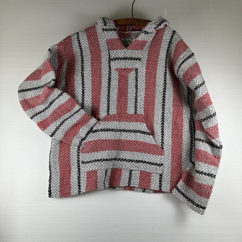 Vintage Y2K Baja‎ Joe Mexican Blanket Pullover Hoodie Drug Rug XL Gray Red Black